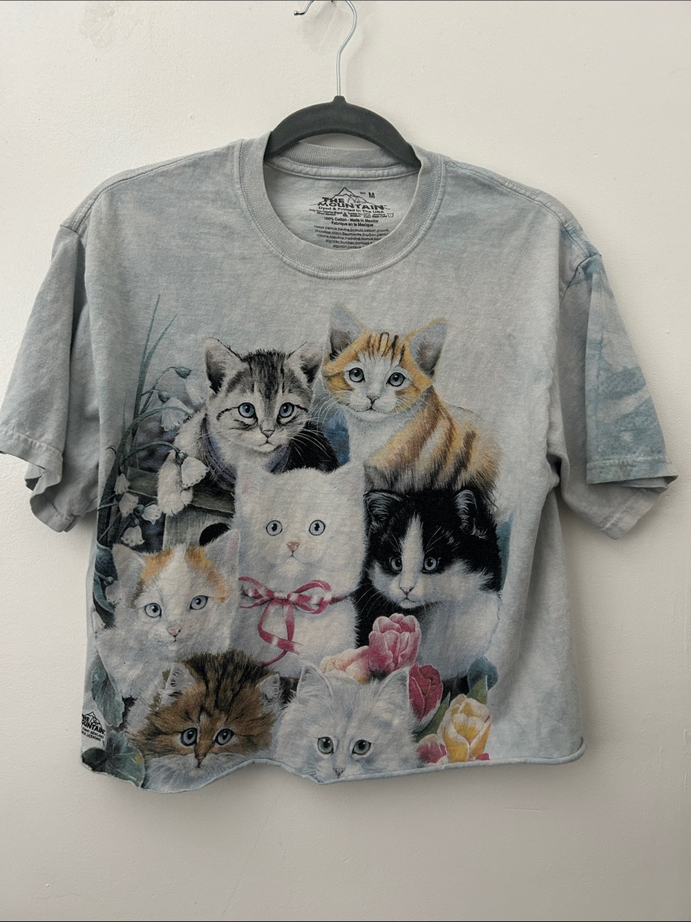 The Mountain Light Blue  Tee with Colorful Kitten Portraits SZ M